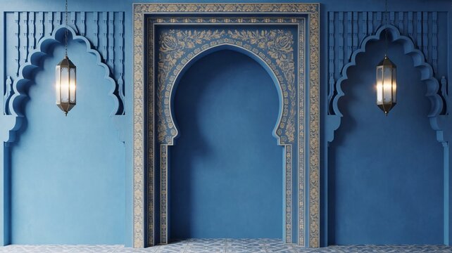 Blue Moroccan archway with lanterns, interior design element