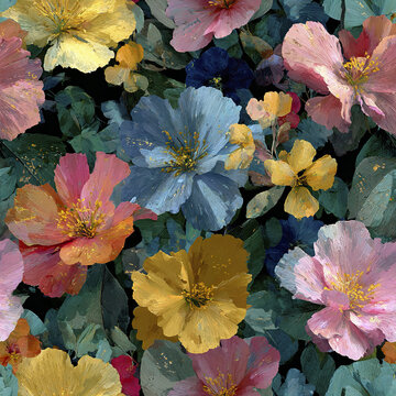 Colorful floral pattern with painterly finish featuring blue, pink, yellow, and orange flowers with green leaves, creating artistic and vibrant collage full of natural beauty and texture