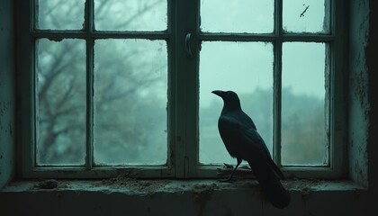 Fototapeta premium Dark crow bird sits on old dirty windowsill looking outside blurred trees through dusty window. Gloomy atmosphere of abandoned house interior. Weathered wood frame pane sill details.