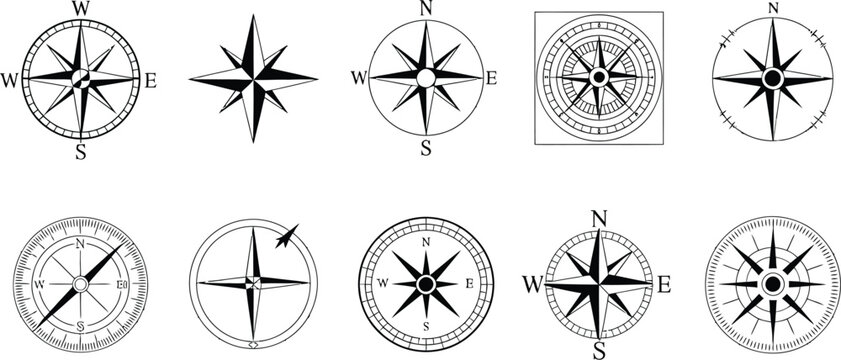 Compass rose icon set, collection of compass and wind rose symbols with cardinal directions for navigation, mapping, and direction-finding tools.