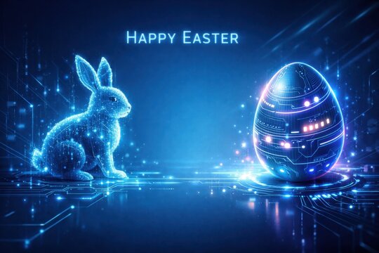 Glowing digital Easter bunny and futuristic egg on blue background with circuits and Happy Easter message above