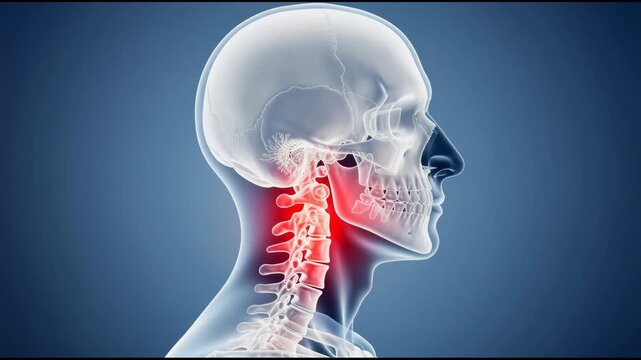 Detailed 3D animation of glowing cervical vertebrae in the human neck anatomy visualization