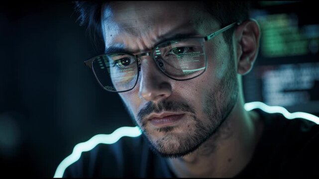 Focused man analyzing complex code on computer screen with glasses reflecting data and programming