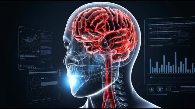 Futuristic animation of transparent human head with highlighted brain for medical technology and neuroscience