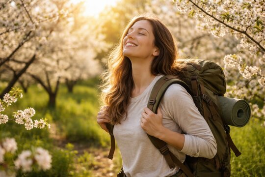 Happy young woman with backpack enjoys spring walk through blooming trees in warm golden evening light