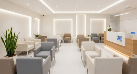 Fototapeta premium Elegant and serene waiting room interior with stylish armchairs, clean white walls, and ambient lighting, perfect for a modern clinic or professional office space.