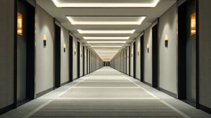 Obraz premium Symmetrical hotel hallway with modern lighting clean walls and carpet creates a sleek elegant atmosphere