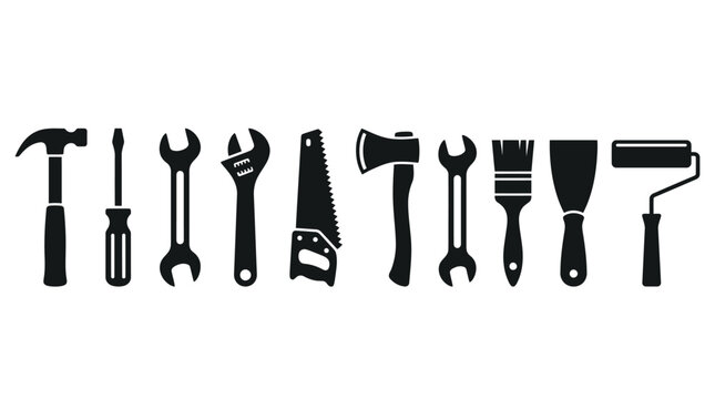 Hand Tools Vector Illustration Set &ndash; Black Silhouettes of Hammer, Screwdrivers, Wrenches, Saw, Axe, Paintbrush, Roller &ndash; Construction, Repair, DIY Equipment Art for Branding