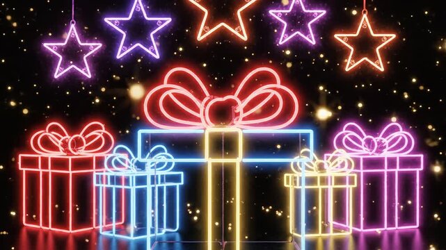 Neon gift boxes and stars on dark background