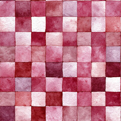 Fototapeta premium Watercolor checkerboard pattern with blush pink and red squares creating soft, artistic tile design perfect for backgrounds and decorative projects