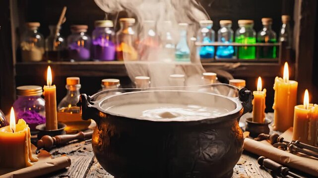 Steaming cauldron with candles and potions