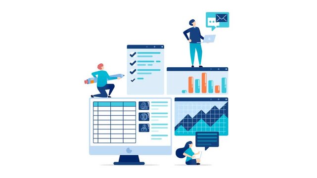 Spreadsheet software for company reporting data management and meeting analysis with dashboard interface for corporate workflow video animation motion graphic concept