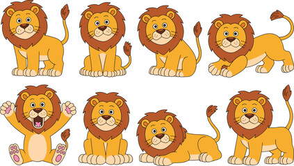 Fototapeta premium Cute lion cartoon characters collection with different poses sitting lying and playing animal vector illustration set