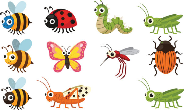 Cute insect cartoon set with bees ladybug butterfly caterpillar mosquito beetle and grasshopper colorful vector illustration collection for kids
