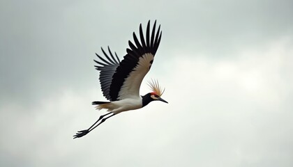 Obraz premium Secretary bird with striking plumage soars against overcast sky. Its long legs trail behind as it glides through air. Bird shows black wings white body and distinctive head crest.