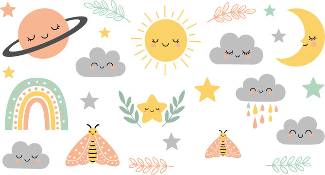 Cute sky elements collection with sun moon clouds rainbow stars and moths pastel cartoon vector illustration set