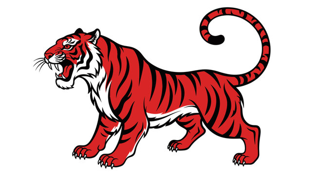 Aggressive Red Tiger Illustration with Open Mouth and Roaring