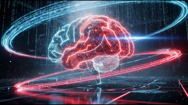 Futuristic digital brain with glowing red and blue circuits pulsating in high tech animation