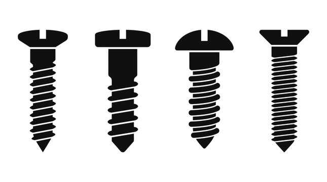 Screw Vector Illustration Set &ndash; Black Silhouettes of Flat, Round, Countersunk, and Threaded Fasteners &ndash; Construction, Assembly, Hardware Tools Art for Industrial Branding