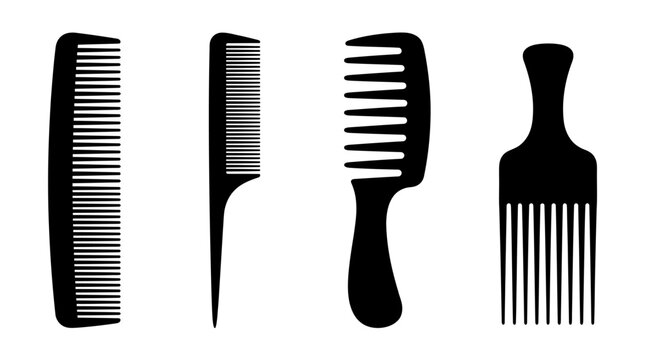 Comb Vector Illustration Set &ndash; Fine, Rat-Tail, Wide-Tooth, and Afro Pick Hair Styling Tools &ndash; Black Silhouettes for Salon, Barber, Grooming, and Beauty Branding