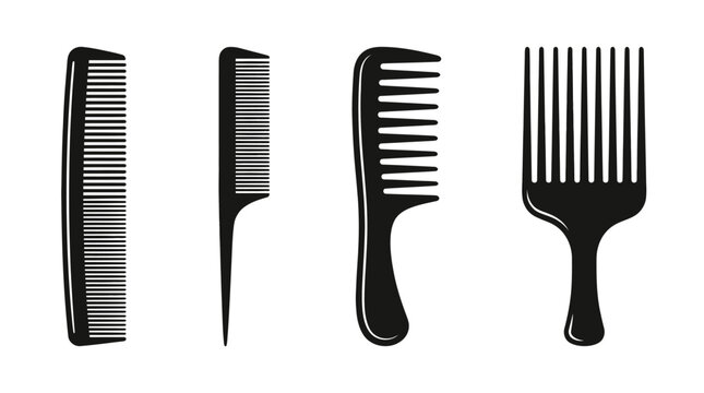 Comb Vector Illustration Set &ndash; Fine, Rat-Tail, Wide-Tooth, and Afro Pick Hair Styling Tools &ndash; Black Silhouettes for Salon, Barber, Grooming, and Beauty Branding