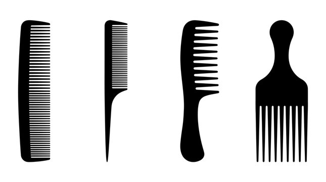 Comb Vector Illustration Set &ndash; Fine, Rat-Tail, Wide-Tooth, and Afro Pick Hair Styling Tools &ndash; Black Silhouettes for Salon, Barber, Grooming, and Beauty Branding