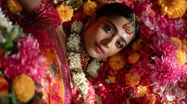 Beautiful Indian woman in traditional attire surrounded by fresh flowers as the main subject, decorative setting filled with petals and garlands, soft natural light creating gentle highlights and fres
