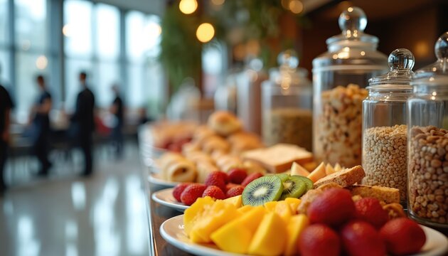 Hotel breakfast buffet with fruits pastries and cereal in modern setting. People dine in background. Fresh food choice for guests and business event catering.