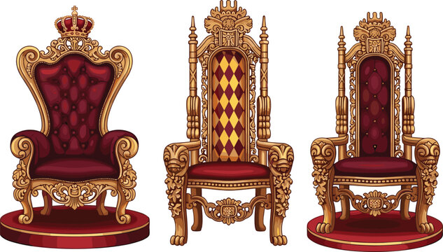 Royal throne chairs set ornate golden king queen seats luxury cartoon vector illustration
