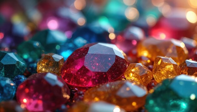 Many colorful faceted gemstones shine, ruby red, sapphire blue, emerald green. Precious jewels sparkle, reflecting light. Collection represents wealth luxury and rarity.