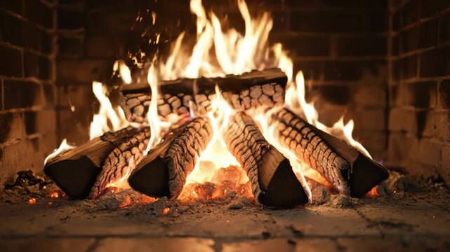 Wood burning in a brick fireplace