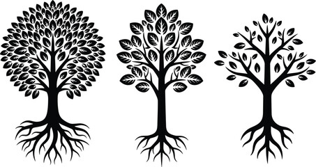 Obraz premium Tree silhouettes set with roots and branches black nature vector illustration collection