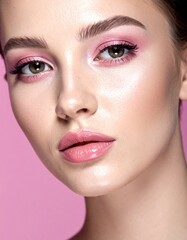 Fototapeta premium Close-up portrait of a woman with soft pink tones and glossy skin looking directly
