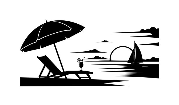 Tropical beach relaxation silhouette with umbrella chair drink and sailboat sunset black and white vector