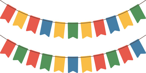Obraz premium Colorful festive bunting flags garland decoration set for party celebration event banner design in flat vector illustration style