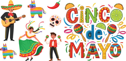 Obraz premium Cinco de Mayo Celebration Vector Set with Mariachi Musician, Mexican Folk Dancer, Piñata, Sugar Skull, and Festive Typography