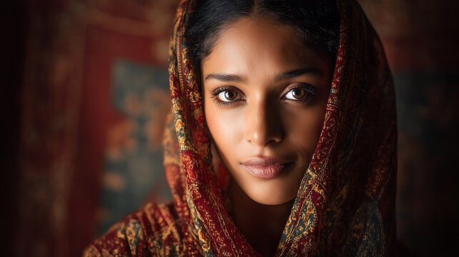 Beautiful Indian woman in traditional sari with intricate patterns looking directly into the camera as the main subject, simple backdrop with subtle cultural motifs, soft directional lighting sculptin