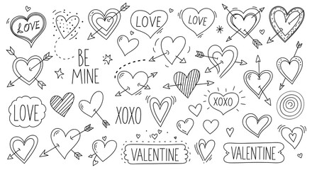 Fototapeta premium Charming hand-drawn doodle heart and love text element collection. Perfect for romantic designs, Valentine's Day projects, and affectionate graphic art