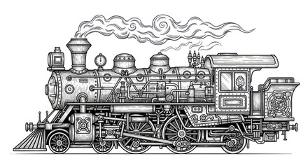 Vintage Steam Locomotive Illustration - Black and White Detailed Drawing © Salon
