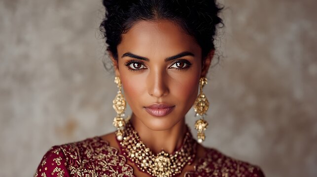 Beautiful Indian woman in traditional wedding attire with serene yet confident expression as the main subject, minimal studio with subtle textured background, soft balanced lighting creating even tone