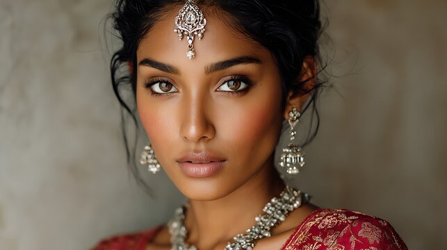 Beautiful Indian woman in traditional wedding attire with serene yet confident expression as the main subject, minimal studio with subtle textured background, soft balanced lighting creating even tone