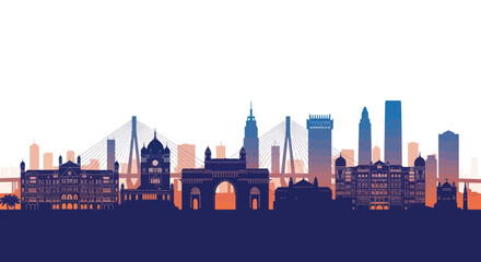 Mumbai Skyline Silhouette: Gateway of India, Bridge, and Modern Buildings © Salon