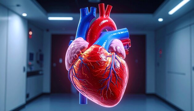 A highly detailed, anatomically accurate 3D rendering of a human heart, showing the left and right atria, ventricles, arteries, and veins with vivid red and blue vessels to represent oxygenated and de