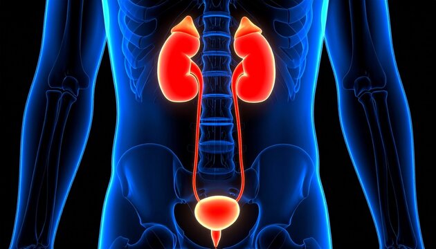 A detailed anatomical illustration of the human torso, highlighting the rib cage in red, kidneys in red with adrenal glands atop, ureters extending to the bladder in orange, and the spine with surroun