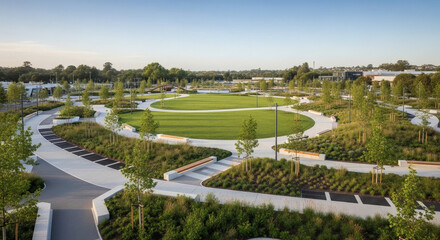Modern urban park with a prominent circular green lawn, surrounded by winding paved pathways and contemporary landscaped garden beds, designed for relaxation and community.