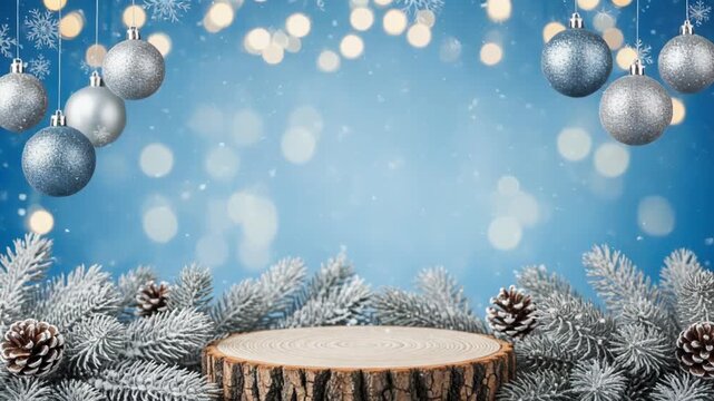 A festive winter scene with a wooden stump surrounded by pine branches, pinecones, and hanging silver ornaments against a blue background with white lights