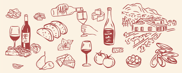 Obraz premium Hand drawn retro wine and food elements collection
