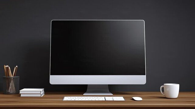 Modern Computer Monitor With Blank Black Screen On Wooden Desk With Stationary And Coffee Cup