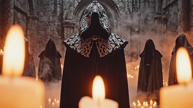 Cloaked figures in a stone hall