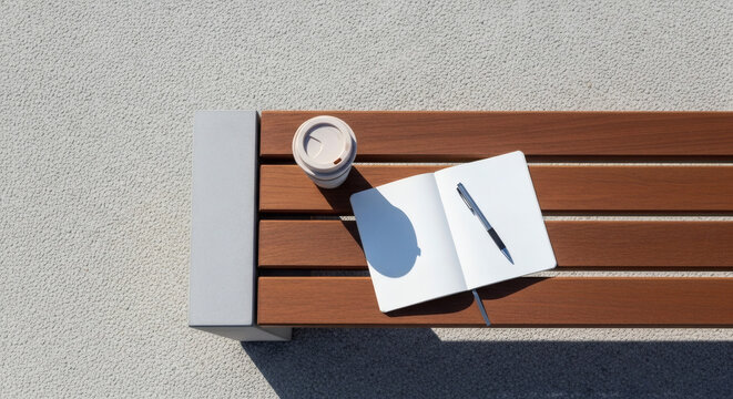 Minimalist overhead view of a modern outdoor bench with a takeaway coffee, open notebook, and pen, perfect for a peaceful morning routine or creative work session.